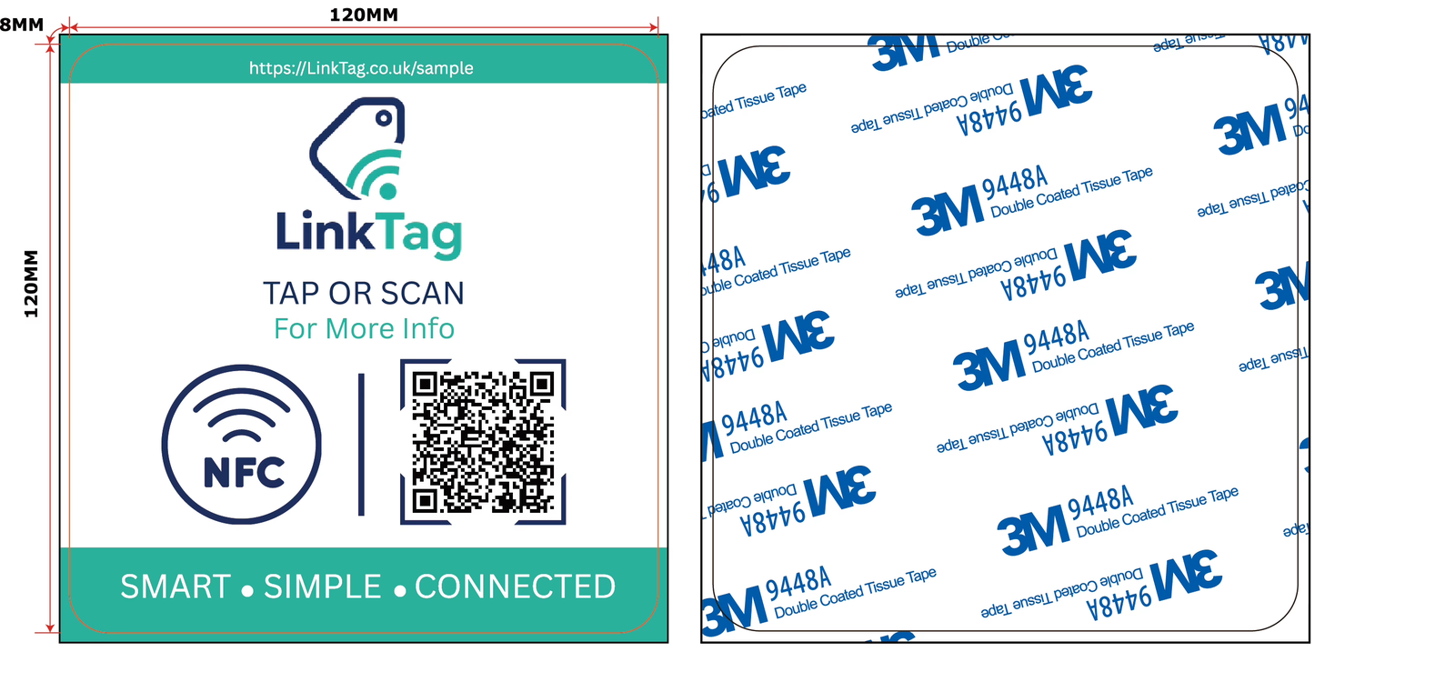 LinkTag 120mm card — front with QR code and NFC, 3M adhesive back